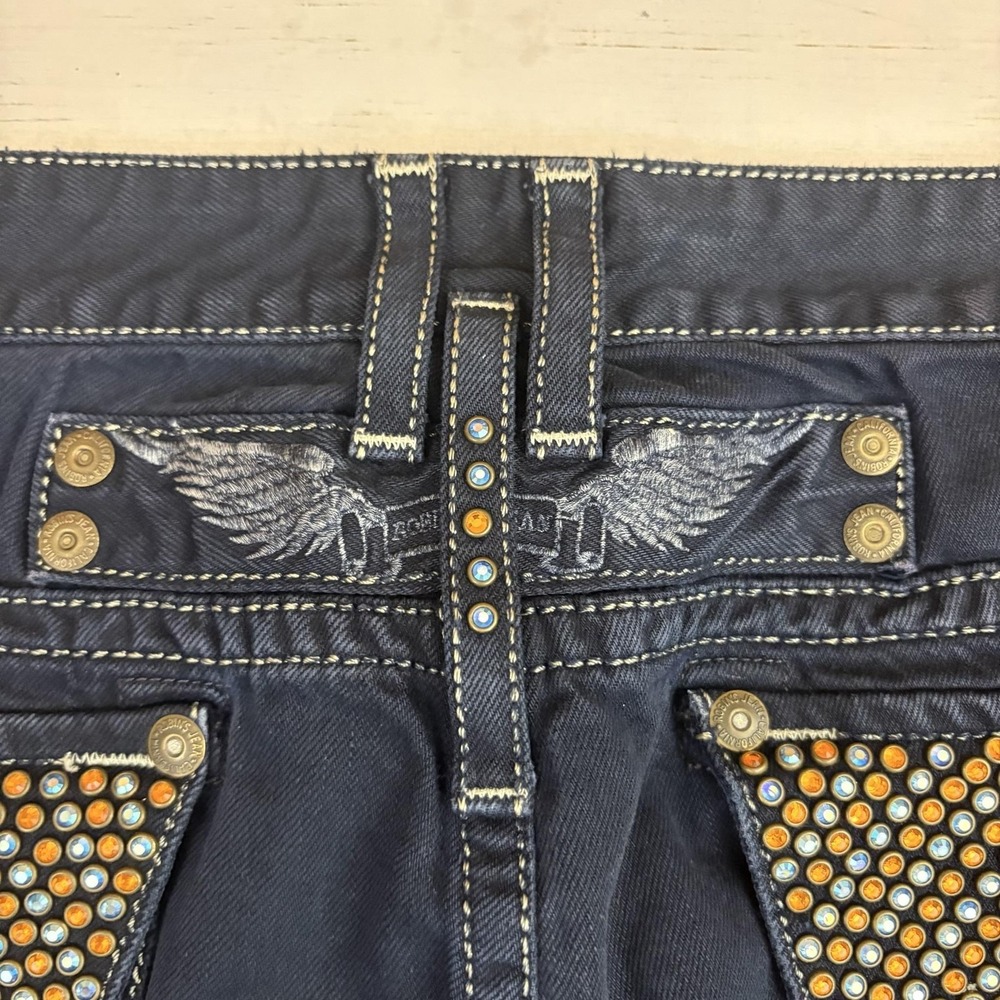 Robin's Jean Denim Shorts Mens 36 Blue Bermuda Rhinestone Back Pockets Biker - Picture 4 of 14